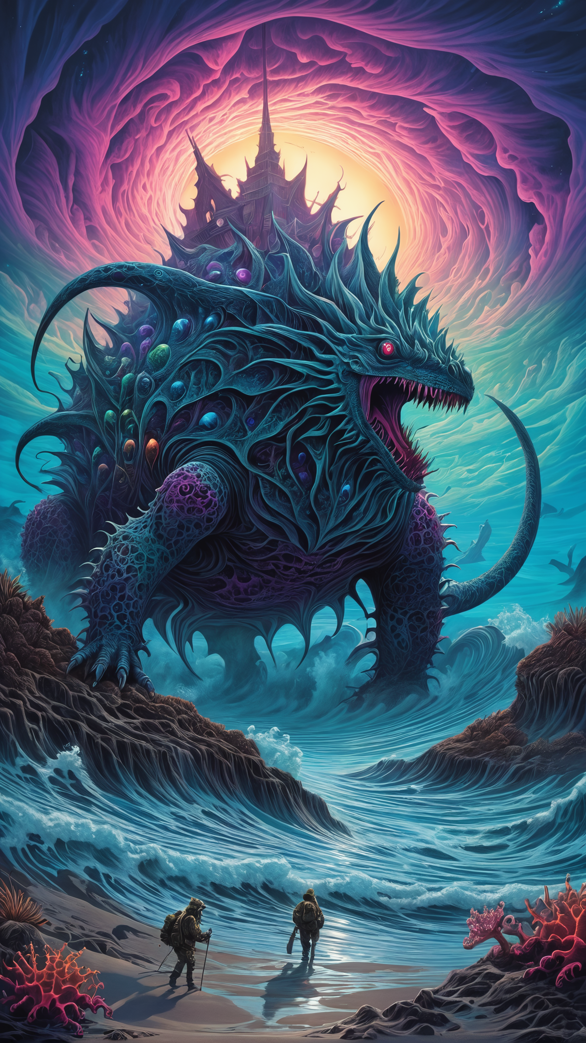 vaporwave, famous artwork by (dan mumford:1.1), (dramatic scene:1.1), (fractal art:0.3), fantasy style, dynamic angle, the misty glumboodle is a (stealthy and agile mammalian life form:1.4) hunting in the (wondrous:1.4) misty steppes of its whippletorbig habitat on new teatime, fantastic, primordial, ultra high detail, ultra realistic, 8k, famous artwork by (gustave dore:1.1), (fractal art:1.3), in the crunkeling intertidal zones of the vast oceans on planet hellshminger, the third, a diminutive, spiky-shelled life form with (colorful jewel-like iridescence:1.6), the confusing chaos sneezer, explores the otherworldly tide pools, hunting for quaysled frotzgobbler, fantastic