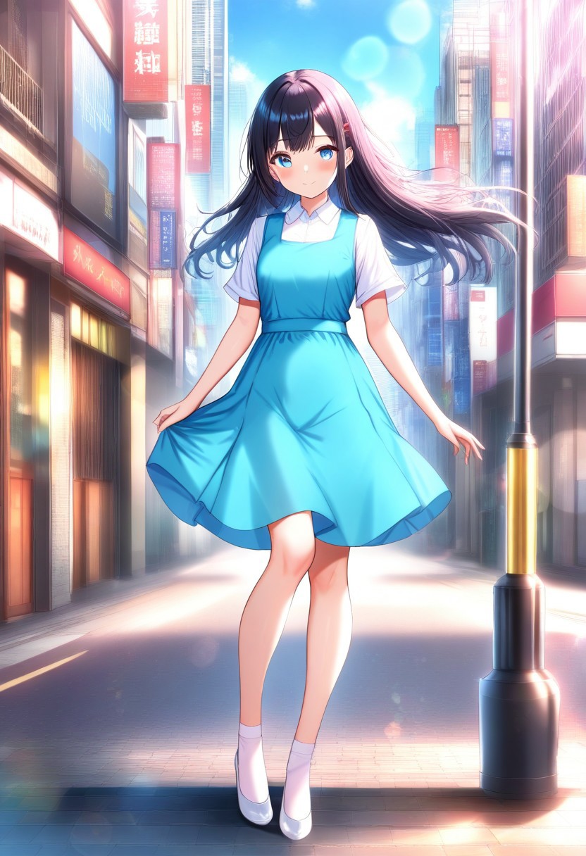 masterpiece, best quality,amazing quality,(1girl), solo,(depth of field),(solo focus),8K,HDR,(ultra high res),(highres),(full body),(lens flare),smile,blush,(black hair),(long hair),(blue eyes),(floating hair), sidelocks,(malaysian secondary school uniform),(pinafore dress),(aqua blue skirt),(blue pinafore),(collared shirt),(white shirt),(short sleeves),(white socks),(short socks),(white footwear),(ballet flat),(outdoor),(cityspace),(city),(street),(lampost),(standing),(looking at viewer)