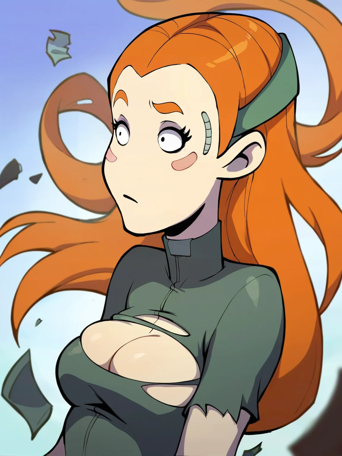<lora:Goal:0.9> g_al, 1girl, noseless, pale skin, straight waist-length bright orange hair, wide eyes, long eyelashes, pink blush patches on cheeks, green headband,goth outfit, ((torn revealing clothes)), goth makeup, score_9, score_8_up, score_7_up,