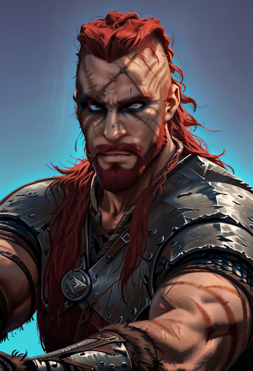 masterpiece, best quality, newest, absurdres, highres,  Vinlandsagastyle-IL.V1.0, VikingWarPaint-V1.0, warpaint, facepaint, makeup, 1boy, viking, red hair, beard, facial hair, mustache, scar, scar on face, scar over eye, armor, muscular, muscular male,
