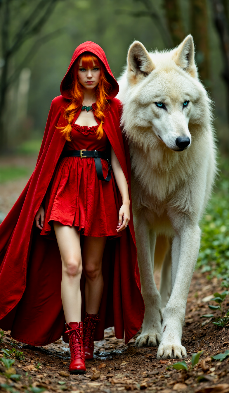 A sexy and sultry Little Red Riding Hood, with orange hair and emerald green eyes. She wears a red hooded travel cloak, red bodice, a short red skirt, and red lace-up boots.
Beside her walks the Big Bad Wolf, who is a white Direwolf that is three times her size. He is her best friend, and protector.
This is a cinematic still photo captured with a wide-angle environmental perspective under soft volumetric lighting. The composition includes the full bodies of Little Red Riding Hood and the Big Bad Wolf within the frame, emphasizing their comparative sizes and relationship to their surroundings, which necessitates both figures being fully visible. <lora:Artistic realism V2:0.40> <lora:Flux_Photography:0.40> <lora:flux_realism_lora:0.20>