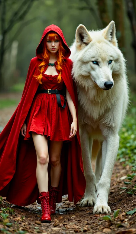 A sexy and sultry Little Red Riding Hood, with orange hair and emerald green eyes. She wears a red hooded travel cloak, red bodice, a short red skirt, and red lace-up boots.
Beside her walks the Big Bad Wolf, who is a white Direwolf that is three times her size. He is her best friend, and protector.
This is a cinematic still photo captured with a wide-angle environmental perspective under soft volumetric lighting. The composition includes the full bodies of Little Red Riding Hood and the Big Bad Wolf within the frame, emphasizing their comparative sizes and relationship to their surroundings, which necessitates both figures being fully visible. <lora:Artistic realism V2:0.40> <lora:Flux_Photography:0.40> <lora:flux_realism_lora:0.20>