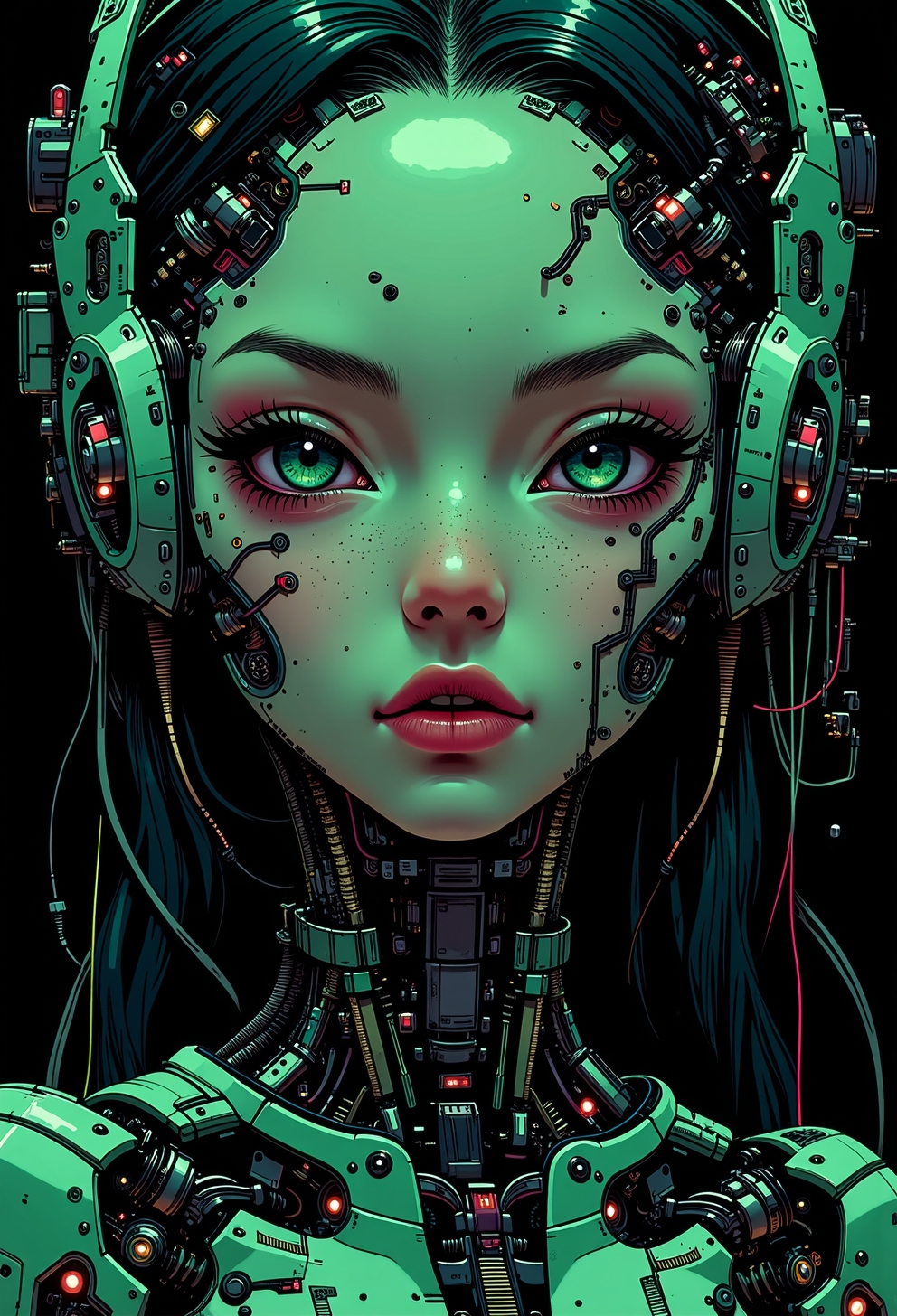 <lora:ck-nc-pastel-cyberpunk:0.9>, A mesmerizing close-up portrait of an alien woman, her striking features blending extraterrestrial elegance with subtle mechanical elements. Her skin has a smooth, otherworldly texture, adorned with small, organic patterns. Her long, wavy hair cascades around her face, but in the Gameboy-style palette of green, white, and black. Mechanical elements are seamlessly integrated into her face and neck—sharp, angular pieces emerge like delicate circuitry. The chiaroscuro-inspired lighting brings deep contrast, with bold shadows enhancing her alien beauty. The black background and limited palette emphasize the alien and mechanical features, while a soft green glow outlines parts of her face and hair, creating a futuristic yet nostalgic visual reminiscent of early handheld gaming