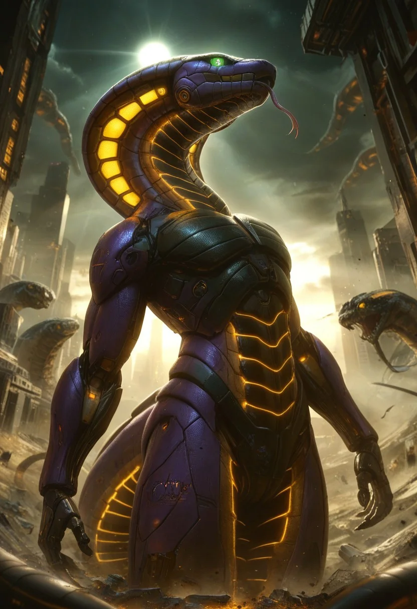 DonMX3n0T3chXL, anthropomorphic_snakes_(naga), futuristic robot snake, fully metal snake, mecha snake, giant mech robot snake, standing tall, Naruto_Manda, snake, slit pupils, green eyes, purple body, body markings, black eye markings, 2 pair of horns, black belly scales, blue tongue, forked tongue, low angle, dramatic lighting, volumetric lighting, ruined city background, detailed background, ruined sky scrapers in background, destroyed city background,