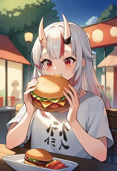 score_9, score_8_up, score_7_up, source_anime, 1girl, solo, NakiriAyame, oni horns, long hair, t-shirt, eating, table, upper body, burger, happy, lamp, outdoors, street, lamppost, <lora:CHAR-NakiriAyamePonyXL:1>