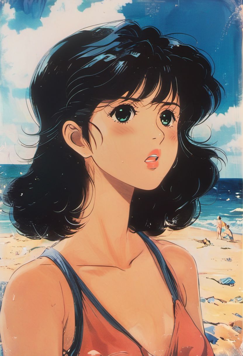 Kyoko  Otonashi at the beach,<lora:Vintage_Anime:0.8>,  smiling, highly detailed,   8k,   sharp,  professional, clear,   high contrast, high saturated, , vivid deep blacks, crystal clear, high res