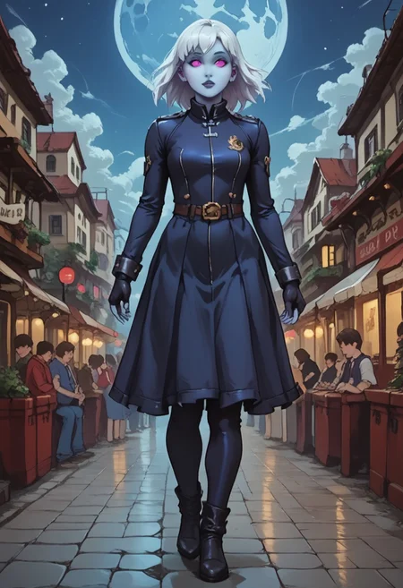 ASCII score_9, score_8_up, score_7_up, 1girl, Cowboy Shot, Full Body Visual, Depth of Field,
BREAK
static_pf, 1girl, white hair, purple eyes, blue skin,
BREAK
DARK SAKURA BODYSUIT,
BREAK
night, full moon, clouds, stars, 
BREAK
standing in the streets of a modern City, Metropolis,
BREAK
Expressiveh, masterpiece, volumetric lighting, cinematic lighting,