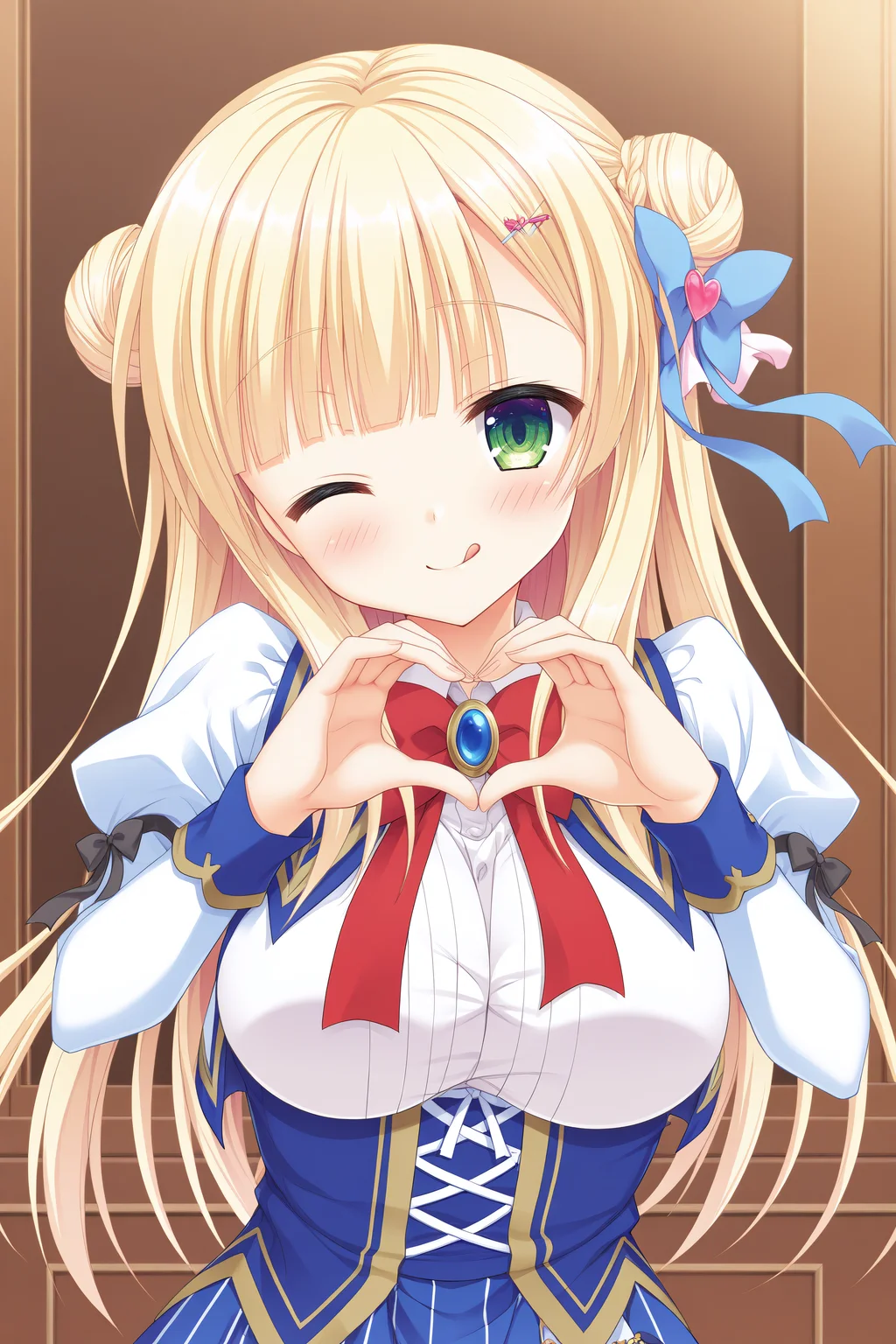 masterpiece, best quality, high quality, detailed, absurdres,newest, scenery, 1girl, solo, official style,best perspective,depth of field, very_aesthetic, best_quality ,high_resolusion, (8K:1.5),,crisp quality, ultra detailed,perfect anatomy,perfect lighting,anime screencap, perfect eyes,detailed eyes, <lora:Sylvia_V4_Illustrious:1>,Sylvia,blonde hair,bangs,green eyes, bangs,Uniform Sylvia,double bun,odango hair,hairclip,(single_blue_hair_ribbon:1.5),large breasts,red bowtie,juliet sleeves,blue skirt,skirt,black frills,hair ornament,black thighhighs,thighhighs,
1girl, heart hands, one eye closed, heart, solo, tongue out, tongue, looking at viewer, smile, ;q, blush, upper body, arms up,(upper body:1.3),head tilt,