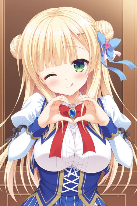 masterpiece, best quality, high quality, detailed, absurdres,newest, scenery, 1girl, solo, official style,best perspective,depth of field, very_aesthetic, best_quality ,high_resolusion, (8K:1.5),,crisp quality, ultra detailed,perfect anatomy,perfect lighting,anime screencap, perfect eyes,detailed eyes, <lora:Sylvia_V4_Illustrious:1>,Sylvia,blonde hair,bangs,green eyes, bangs,Uniform Sylvia,double bun,odango hair,hairclip,(single_blue_hair_ribbon:1.5),large breasts,red bowtie,juliet sleeves,blue skirt,skirt,black frills,hair ornament,black thighhighs,thighhighs,
1girl, heart hands, one eye closed, heart, solo, tongue out, tongue, looking at viewer, smile, ;q, blush, upper body, arms up,(upper body:1.3),head tilt,