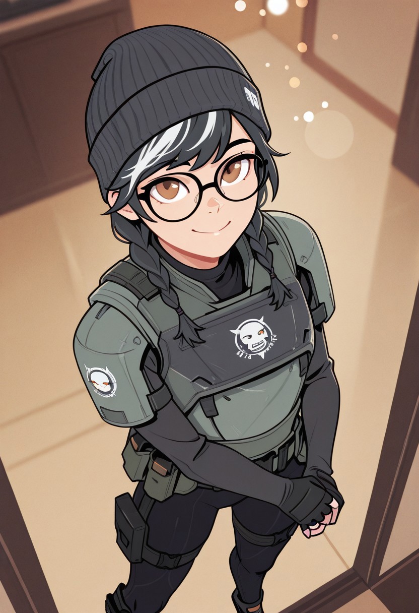 masterpiece, best quality, very awa, absurdres, flat colors, masterpiece, lineless, blurry edges, film grain, imp4ct_style, bokeh, Solo, woman, fit, close-up, close up, indoors, dokkaebi, 1girl, dokkaebir6s, black hair, streaked hair, twin braids, black glasses, beanie, body armor, breastplate, flak jacket, long sleeves, black gloves, fingerless gloves, black leggings, belt, leg straps, from above, standing, brown eyes, happy, looking up at viewer, rubbing own wrists, from the side,