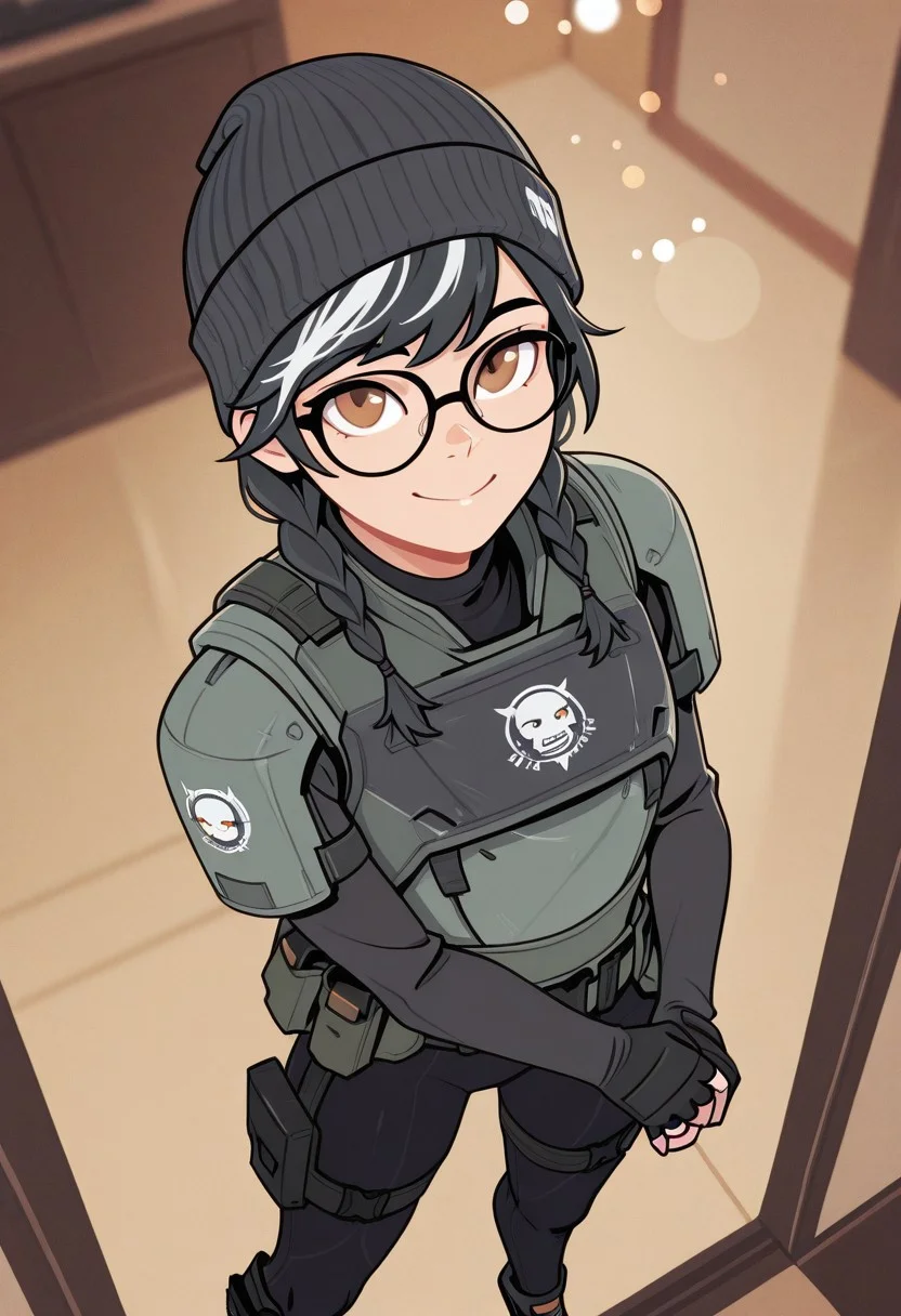 masterpiece, best quality, very awa, absurdres, flat colors, masterpiece, lineless, blurry edges, film grain, imp4ct_style, bokeh, Solo, woman, fit, close-up, close up, indoors, dokkaebi, 1girl, dokkaebir6s, black hair, streaked hair, twin braids, black glasses, beanie, body armor, breastplate, flak jacket, long sleeves, black gloves, fingerless gloves, black leggings, belt, leg straps, from above, standing, brown eyes, happy, looking up at viewer, rubbing own wrists, from the side,