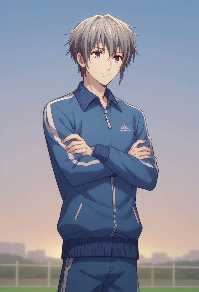 score_9, score_8_up, score_7_up, source_anime, highly detailed, 1boy, solo, male_focus, 
yuki_sohma, solo, crossed arms, shorts, gentle smile, 1boy, male focus, grey hair, jacket, track jacket, sky, grey eyes,