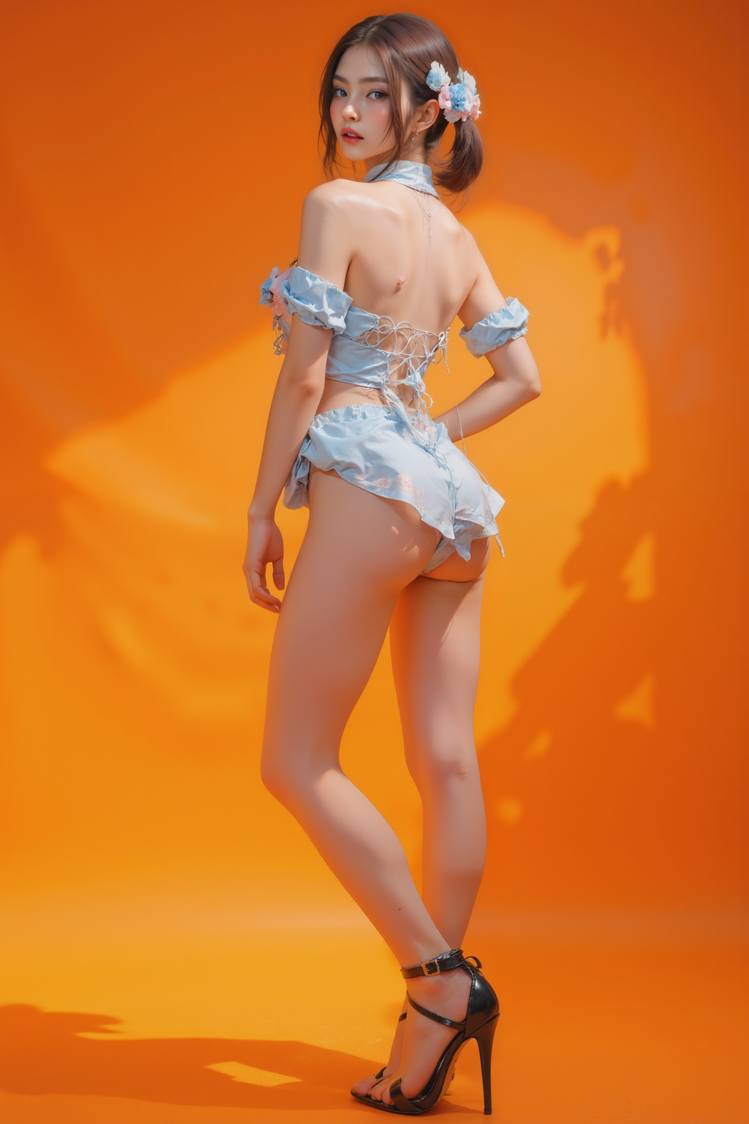 This is a anime characer featuring a young woman is posed in a standing contrapposto stance, with subtle weight shifted to one leg to create a natural S-curve in the body silhouette. This classic posing technique creates visual interest and a sense of elegance.

She is wearing light blue SGWN43ClothingStyle1.

The lighting features a high-contrast, monochromatic orange color scheme that creates a moody, intimate atmosphere. 

The photography technique uses what appears to be soft lighting to create a glamorous effect, with careful attention to highlighting contours while maintaining the dominant orange color scheme throughout the frame.

The overall aesthetic combines elements of fashion photography, traditional Asian visual motifs, and contemporary boudoir styling. The dramatic orange lighting creates a cohesive visual theme that ties all elements of the composition together.

The white light emit on her to show her feature.

