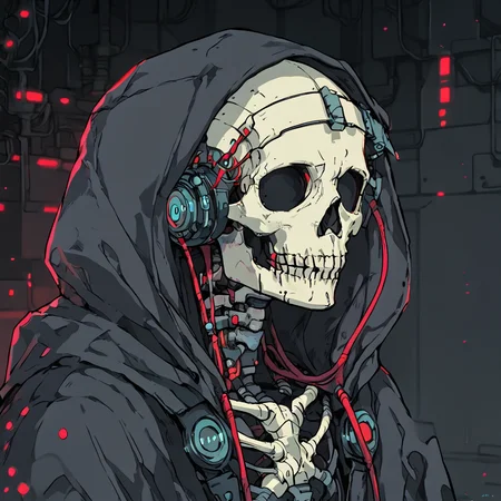 score_9,score_8_up,score_7_up,
The image is a digital illustration in a dark, futuristic style, depicting a skeletal figure with a cybernetic skull and torso. The figure is dressed in a dark, hooded cloak with a hood that covers its head, which features a cybernetic implant on the forehead. The hood is adorned with red accents and has a futuristic texture, suggesting advanced materials.
 <lora:halloween_x_cyberpunk-pony-9:0.8>