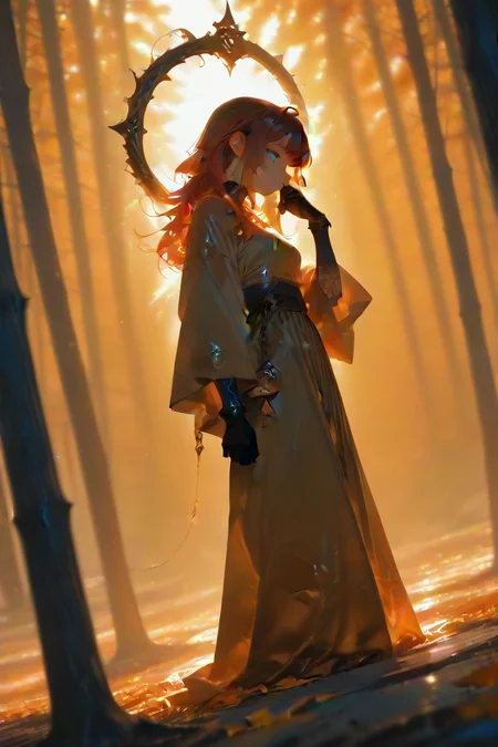 <lora:ponyv6_noobV1_2_adamW:1>
<lora:USNR_STYLE_ILL_V1_lokr3:0.3>
<lora:Dark_Angel_IL:1>

1girl, air bubble, bamboo forest, bangs, bee, blue butterfly, blue eyes, blue fire, blurry foreground, branch, broken chain, bug, collar, day, full-body tattoo, ginkgo leaf, gloves, glowing butterfly, gold chain, gradient sky, hand on own face, jewelry, kimono, leg tattoo, light particles, long hair, looking at viewer, medium breasts, milky way, orange theme, outdoors, pocket watch, pointy ears, profile, red hair, red sky, reindeer, solo, standing, sun, torn clothes
