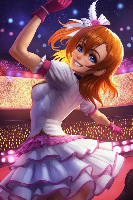 masterpiece, best quality,  absurdres, highres, cinematic light, 1girl,  <lora:evulchibi_style:1> evulchibi_style, kosaka honoka, love live! school idol project, idol clothes, jacket, dress, puffy dress, short sleeves, dancing, stage, backlighting, stage lights, concert, happy, smile, sweat, arm up, safe, cowboy shot, stars, looking at viewer, gloves