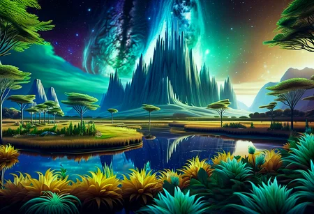 hyper detailed masterpiece, dynamic realistic, awesome quality,DonM3t3rn1tyXL nebula    in wetland biome <lora:DonM3t3rn1tyXL-000008:0.7> <lora:add-detail-xl:2.0>