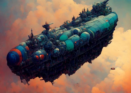 textless, JovianSkyship, jovian-skyship firing broadside artillery, turrets, cannon firing, smoke
