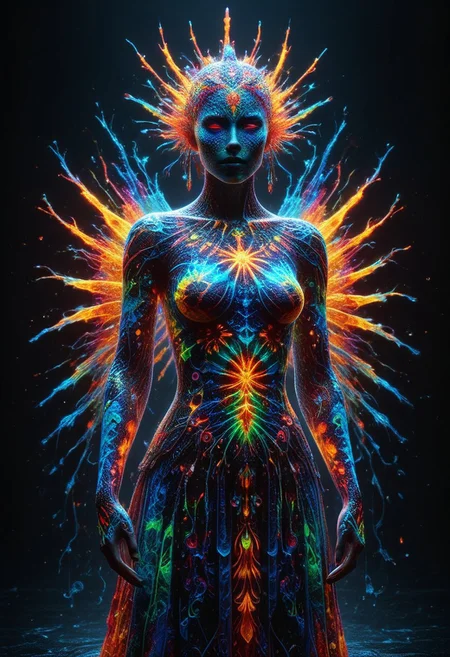 a full body fire entity with multicolored flames, professional photography of an fantastical warrior princess entirely made of cyberflies with whimsical elements, swirling magic, eerie fairytale landscape, elaborate fantasy style art, very colorful, intricate details, ultra sharp, exquisite detail, flawless composition, vivid colors, masterpiece, exciting background, TAS, TASvisuals, Psychedelic , Rave, Elaborate , Blacklight , Vibrant , cyberflies, black light paint, blp, Colorful Chaos Cracks and Drops, mad-glowtiedye, made out of,colorful,liquid,Murano Art Glass