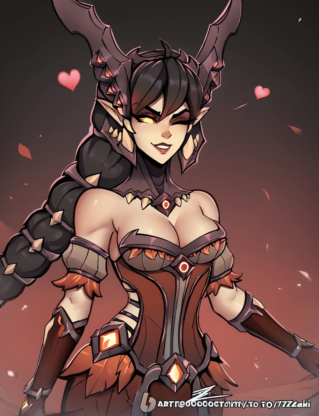 score_9, score_8_up, score_7_up, score_6_up, score_5_up, score_4_up, source_anime, 7zaki
BREAK
1 girl, solo, vora_paladins, vora headpiece, vora outfit, face shot, dynamic angle, beautiful, smirk, wink, floating heart
BREAK
gradient red and black background, <lora:VoraPaladins:0.8> , <lora:7zaki:0.9>