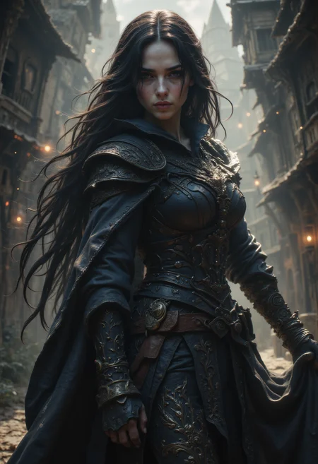 (realistic:1.2) Yennefer of Vengerberg from The Witcher, depth of field, dynamic angle, fashion photography, sharp, hyperdetailed:1.15, dynamic poses, realistic skin, realistic, bright sunlight, deep shadows, photoshoot, medieval village background, style by Greg Rutkowski, by Milo Manara and Russ Mills, with insanely intricate details and textures, gloomy dramatic lighting, 8K resolution