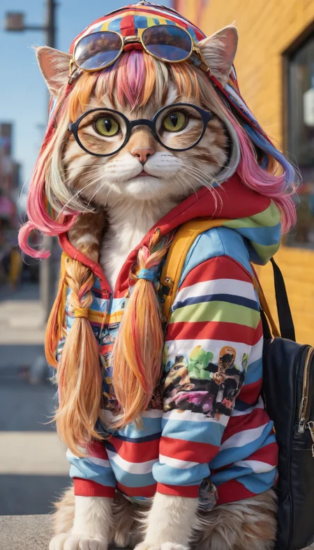 Hyperrealistic anthropomorphic cat wearing blunt bangs wig, wearing semi-rimless eyewear, wearing stripe print urban clothing, smile, high detail, dynamic composition, vibrant colors, intricate patterns, ultra-quality, street fashion, detailed textures, realistic fur, modern accessories, backpack, hoodie, realistic shadows, urban setting