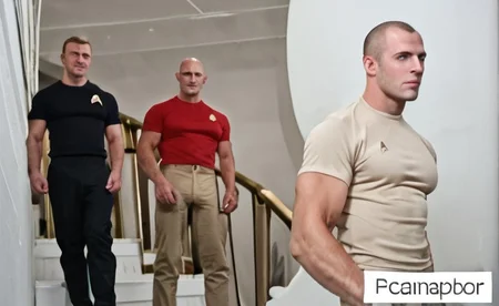 1boy, 20 year old male, Handsome, masculine, blonde, star trek, red shirt, muscle, tall, tight shirt, wide pectorals, big shoulders, wide shoulders, muscular neck, German, standing at attention, bald, big pale blue eyes, abs, biceps, serious facial expression, phaser, hand, long bulge in his pants, ((((view from below)))),
1960 black dress pants, pants,
stunf, star trek uniform, uss enterprise ncc-1701 interior background, star trek, space ship interior, 1960s TV,