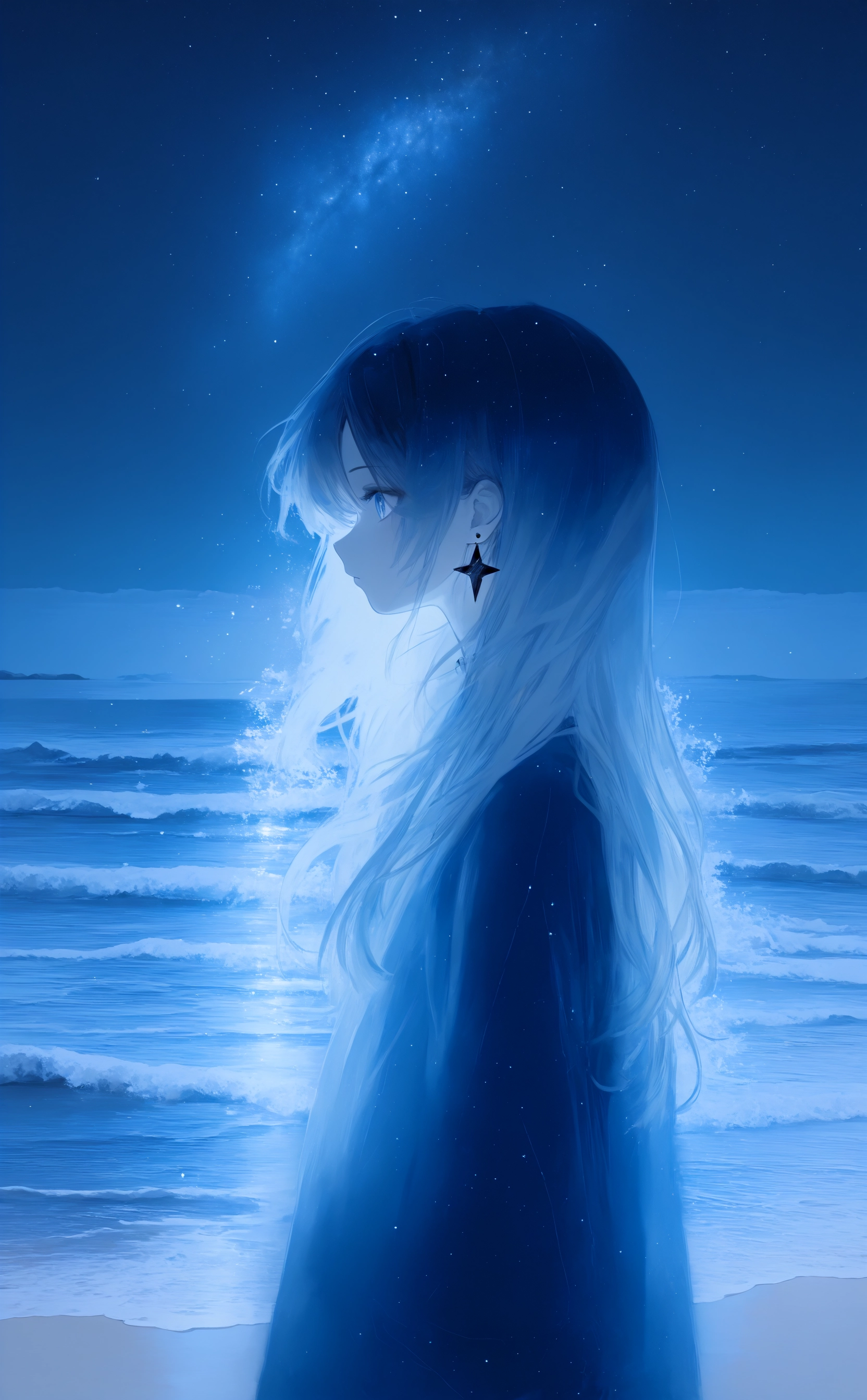masterpiece, best quality, good quality, very awa, newest, highres, absurdres, (Light Painting:1.2),
1girl, solo, long hair, jewelry, upper body, outdoors, earrings, sky, water, from side, profile, night, ocean, beach, star \(sky\), night sky, starry sky, blue theme, waves, blue theme, CHOo1NE_illu, digital painting, <lora:noobai_ep11_stabilizer_v0.138_fp16:0.3> <lora:lpc_v10:0.4> <lora:CHOo_illu:1> <lora:Neg4tive_sp4ce:1> <lora:ODd5YW5hZ2krd2Fua2U=-waiNSFWIllustrious_v130_V1-CAME:0.4>