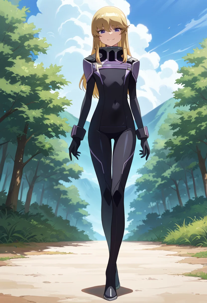 masterpiece, best quality, amazing quality, very aesthetic, absurdres, newest, illustration, perfect composition, intricate details, highres, anime coloring, general, 1girl, solo, (full body:1.2), keiww, purple eyes, blonde hair, long hair, bangs, hair between eyes, sidelocks, flat chest, keipilot suit, high collar, breasts, black bodysuit, pilot suit, black gloves, covered navel, looking at viewer, smile, outdoors, day, shiny body, shiny skin, skindentation, clear skin, shiny hair, ultra detailed eyes, depth of field, sharp, intricate details, hyperdetailed, ultra-detailed, detailed clothing folds, high contrast, dynamic light <lora:Kugimiya_Kei_Majestic_Prince_ill:1>
