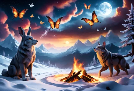 A fantasy snow landscape with snow and normal rabbits chasing wolves, Snowfall at sunset, colorful and luminous butterflies flying around, a campfire burns in the middle