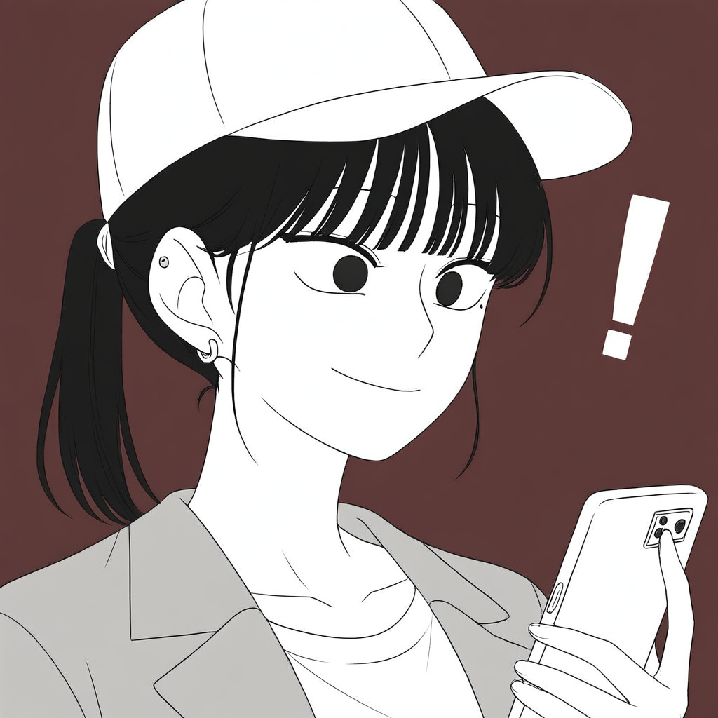 collarbone, solo, phone, brown background, shirt, simple background, white background, detailed eyes, ear piercing, smile, earrings, monochrome, ponytail, (black eyes, white shirt, !, red background, sharp face, hat, bangs, jacket