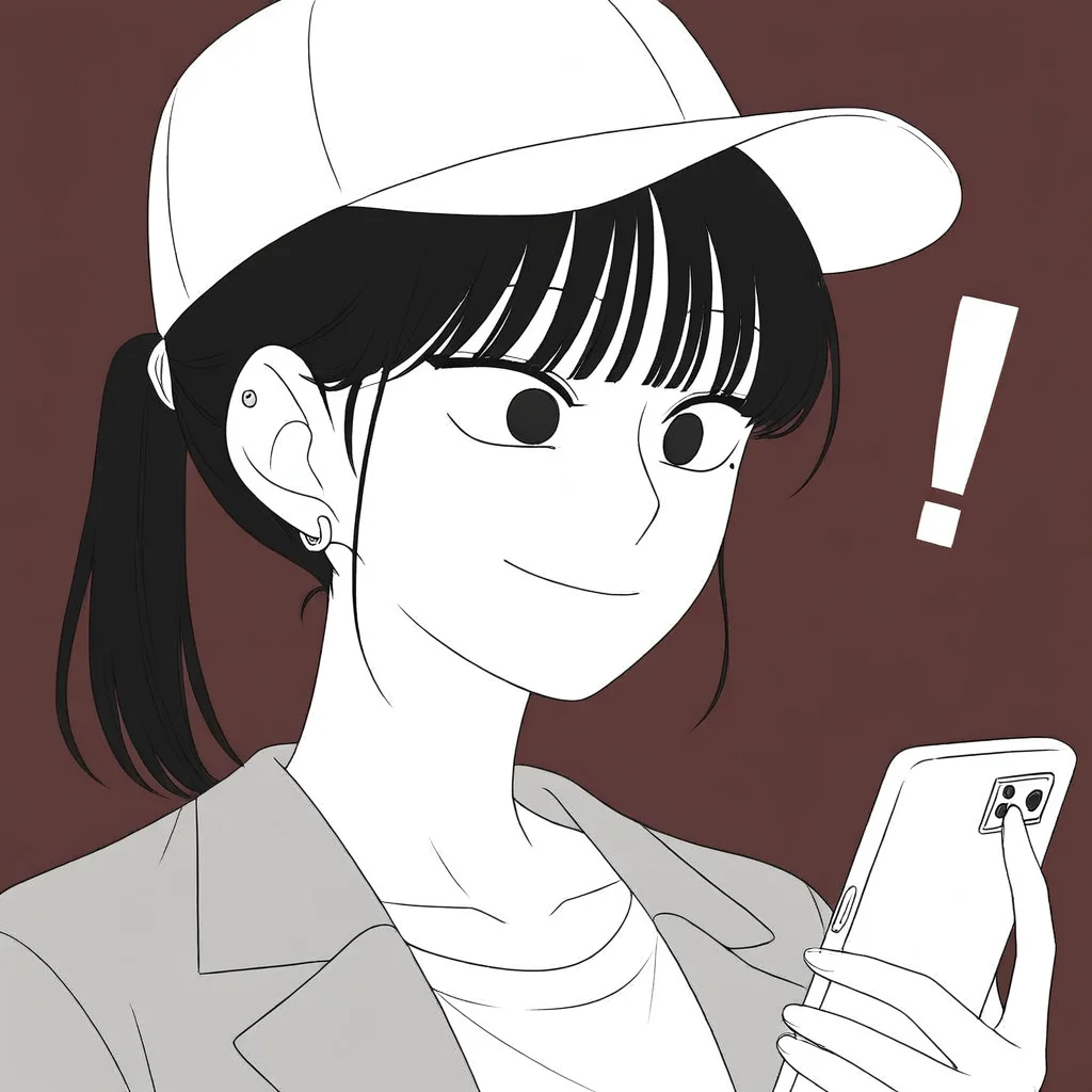 collarbone, solo, phone, brown background, shirt, simple background, white background, detailed eyes, ear piercing, smile, earrings, monochrome, ponytail, (black eyes, white shirt, !, red background, sharp face, hat, bangs, jacket