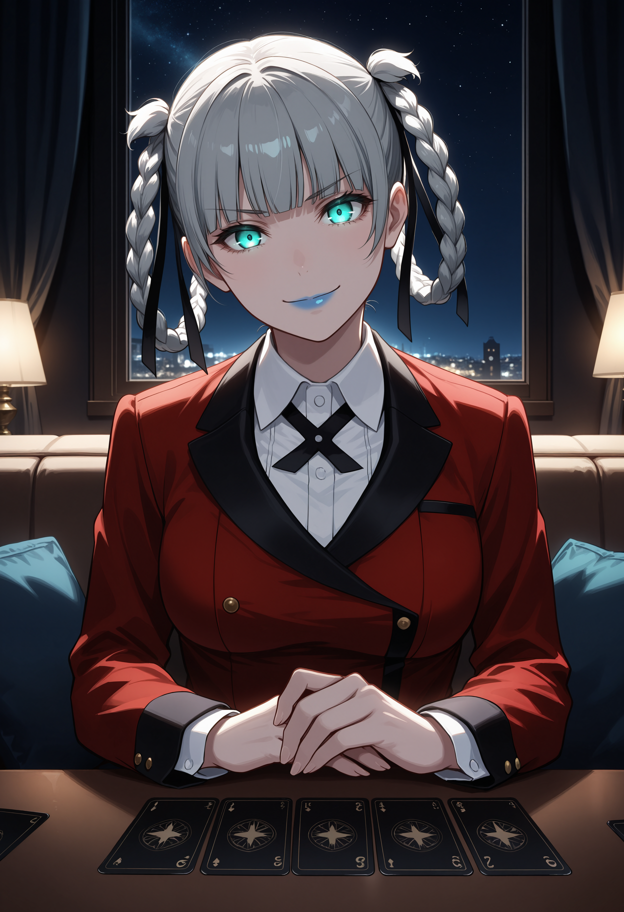 masterpiece, best quality, 1girl, solo, braided hair rings, grey hair, short hair, blunt bangs, blue lips, hair ribbon, black ribbon, , indoors, couch, upper body, head tilt, collared shirt, white shirt, red jacket, black cross tie, living room, window, curtains, cushion, pov across table, glowing eyes, aqua eyes, night, starry sky, looking at viewer, dark theme, dim lighting, dark background, dark room, backlighting, card, card game, holding, holding card, own hands together, playing games, v-shaped eyebrows, smile, closed mouth