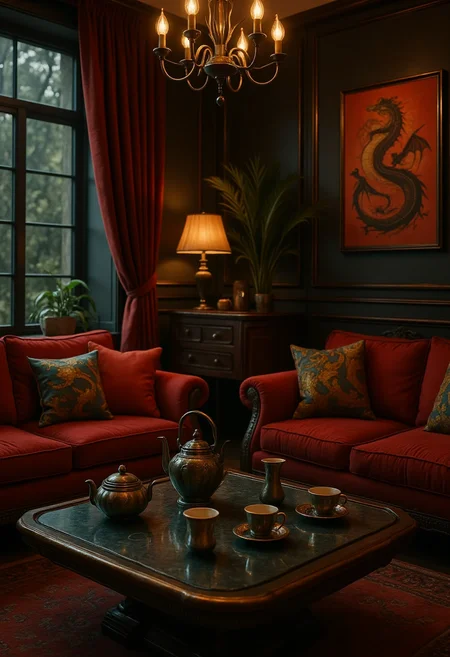 , glossy coffee table with scattered futuristic tea settings, and high-contrast color accents throughout, Film Noir Animation, High contrast living room scene with dragon illustrations in stark red and blue, central focus on plush vintage sofas and dramatic shadows from a singular chandelier and side with intricate textures and vibrant colors. The scene should include a rich variety of elements, each contributing to the overall atmosphere. Lighting should be soft, diffused, and natural, enhancing the depth and realism of the scene. The mood is to be calm yet vibrant, creating a sense of serenity and wonder. Every detail in the scene should be meticulously rendered, emphasizing the contrast between light and shadow, and capturing the fine textures and subtle gradients. The color palette should be carefully chosen to evoke emotion, with each hue enhancing the aesthetic appeal of the overall composition. The final image should be immersive and captivating, drawing the viewer into its intricately detailed world.