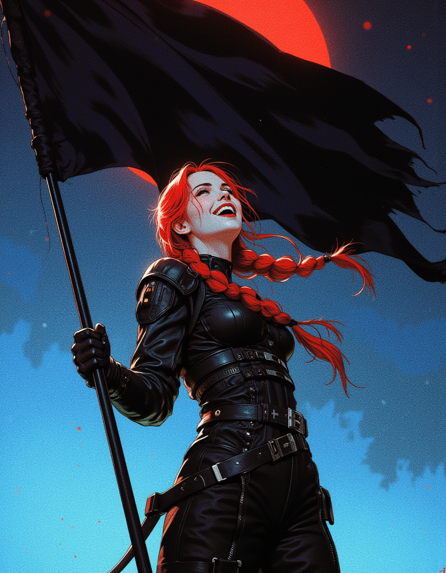 in the style of cksc, 

fantasy aesthetic. , digital artwork of a futuristic, natural colors, , epic.  luminescence, ultra realistic, hyper detailed, soft lighting , epic scale.
(detailed digital painting, detailed oil painting).

redhead woman, portrait of a female anarchist  with cyberpunk elements. long dark hair, braided. art. she is happy and laughing and waving a big black flag in front of a dark background, bokeh, cinemascope, epic, gorgeous, film grain.

masterpiece, best quality, medium-format camera,  high-contrast, dramatic lighting, striking composition,  
The background is minimalist, a gradient of shadowy blue tones, amplifying the ethereal and futuristic ambiance of the scene. The overall composition feels cinematic, blending high fashion with a science fiction aesthetic. 

<lora:SDXL\RetroAnimeFluxV1.safetensors:0.4>, 
<lora:SDXL\Flux_artisketchyfs-v02.safetensors:0.2>, 
<lora:SDXL\FLUX_CPA\(anime, cyberpunk.safetensors:0.3>, CPA,
<lora:SDXL\FLUX_frazetta_flux_v2-000150.safetensors:0.50>, Frank Frazetta


