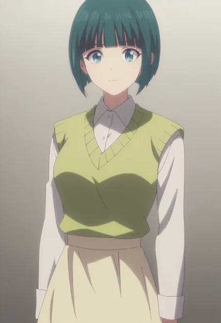 score_9,score_8_up,score_7_up, masterpiece, best quality, white background, 1girl, solo <lora:DX888Shiragiku:1>ono shiragiku, green hair, bob cut, medium breast, anime screencap, sweater vest, collared shirt, yellow skirt
