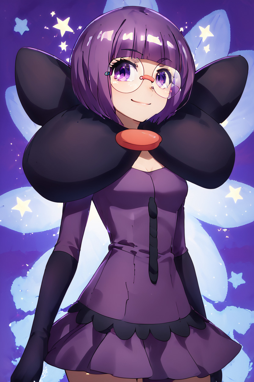score_9, score_8_up, score_8, medium breasts, (curvy), cute, eyelashes,       ,,, , ,,, zzShauntal, purple eyes, bob cut, glasses, round eyewear, short hair, blunt bangs, purple hair, elbow gloves, purple skirt, skirt, bow, dress, large bow, <lora:Shauntal_Pokemon_PDXL:1.0>,  ,,,, BREAK, (warm colors), smile, looking at viewer, cowboy shot, ,,, embedding:zPDXL, Expressiveh, ,,, <lora:PrismaIllya_PDXL_v3:1.0>, <lora:SDXLFaeTastic2400:0.5>, <lora:Expressive_H-000001:0.4>,