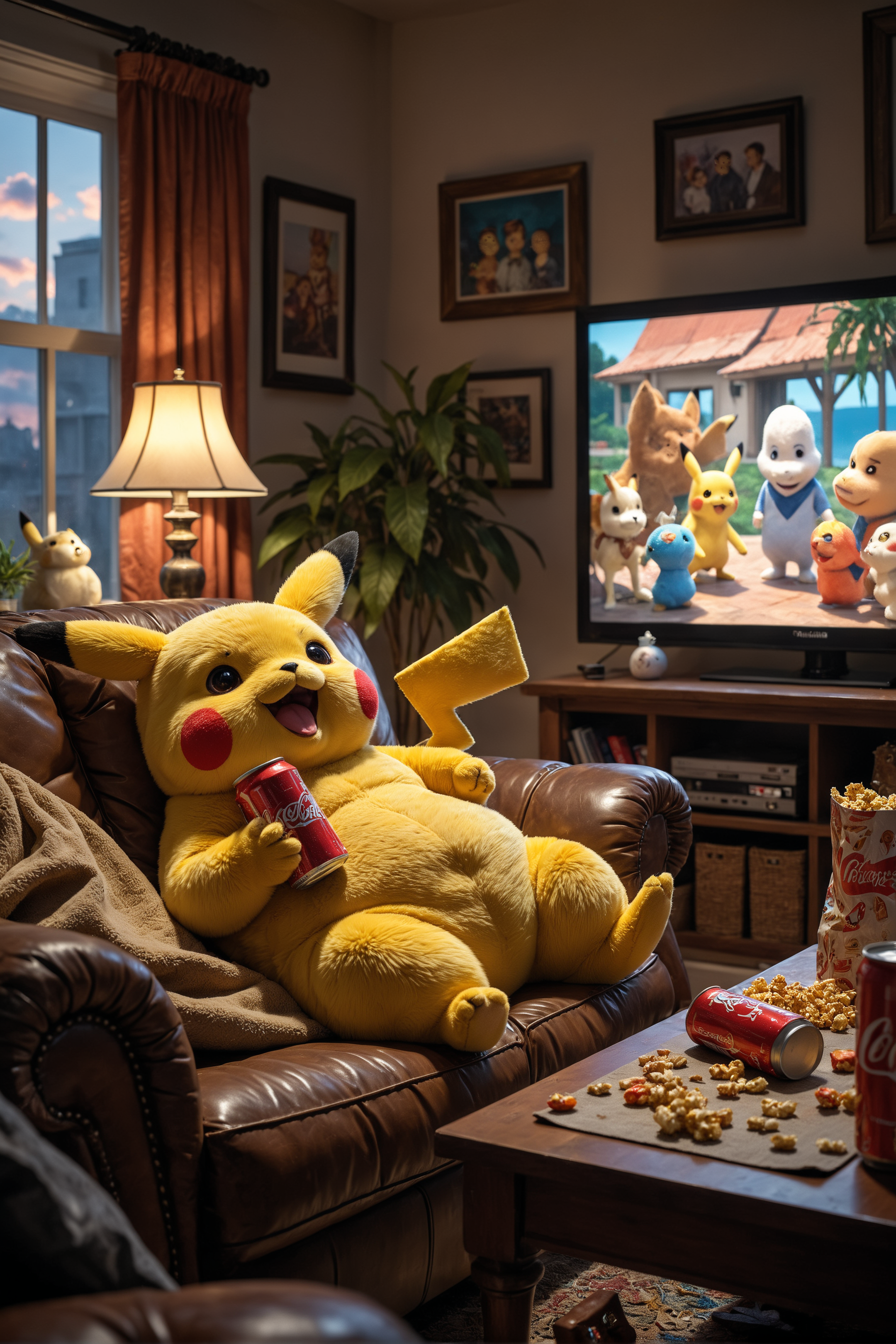 In a hyper-realistic living room, a chubby Pikachu lounges lazily on a well-worn leather sofa, exuding an air of comfort and relaxation. The room is softly illuminated by the warm glow of a vintage floor lamp, casting gentle shadows that enhance the details of the space.  Pikachu's belly is noticeably round, spilling slightly over its waistband, giving it an endearing, relatable quality. Its fur is depicted with incredible detail; each individual hair is visible, showcasing a rich palette of deep yellows and soft browns, with the occasional hint of gray around its ears and cheeksâsigns of its middle age. Pikachu's eyes sparkle with satisfaction as it holds a chilled can of Coca-Cola, condensation glistening on the surface, emphasizing the refreshing beverage's coldness.  The coffee table is cluttered with snacks: a mix of colorful candies, chips, and an open bag of popcorn, scattered across the surface and Pikachu's belly, creating a casual, lived-in vibe. The television in the background is playing a classic scene from "PokÃ©mon," with familiar characters and vibrant animations flashing across the screen, captivating Pikachu's attention. It occasionally glances at the screen with a happy smile, fully immersed in the enjoyment.  The walls are adorned with framed photos capturing Pikachu's adventures with friends, and a few plush toys sit on a nearby shelf, reflecting its interests and hobbies. A window reveals the soft glow of twilight outside, with the last rays of sunlight filtering in, adding a warm hue to the entire room, as if time has paused in this cozy moment.  This scene captures Pikachu in a charming and relatable moment, portraying a delightful and realistic side of the beloved character, making it feel like a friend you'd want to share snacks and stories with.