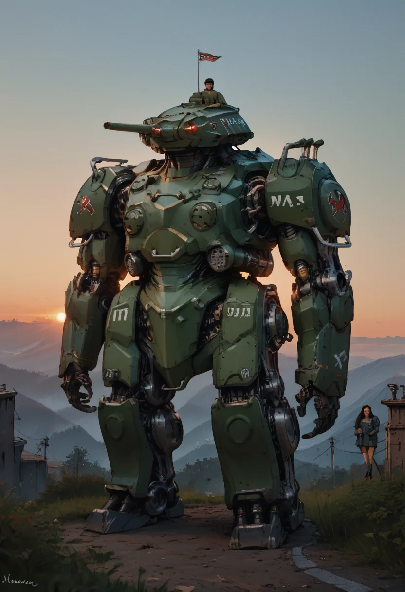 score_9, score_8_up, score_7_up, <lora:MechaForge-000003:1> m3chaf0rge, giant, giant mech, mecha, bipedal mech, science fiction, sunset, tank, military mech, full body, legs,