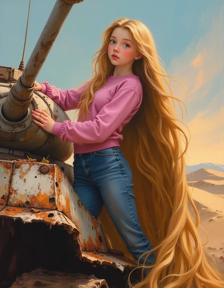 masterpiece, high quality, Oil Painting, Hyper-realistic, close up portrait, a young teen Rapunzel, mid-climb, is gripping the side of a weathered, rust-covered tank, her face focused and determined. Rapunzel face is a pale, almost translucent white, with lips painted a vivid red. Her 70 foot long blond hair cascades all around her. She wears pink sweatshirt, and blue jeans. The tank, a relic of past battles, is half-buried in the sand with patches of rust flaking off, revealing layers of worn metal. The setting is an arid desert landscape, the horizon hazy with heatwaves. The sky above is a faded blue, with streaks of orange and pink from the setting sun. Sand dunes roll in the background, their crests catching the golden light. Masterpiece, intricate lines, intriguing atmosphere, sharp magnificent details, oil painting, delicate features, elaborate details, (2\3 rule composition:0.5), ultra detailed, romantic, Rembrandt lighting, brush stroke, lovely, del1cate_balance style, novuschroma, in the style of Rembrandt. vantablack <lora:style_of_Rembrandt_FLUX_135:.8> <lora:- Flux1 - vanta_black_V2.0:.3> <lora:Delicate_Balance:.3> <lora:neeeg_f1:-1> <lora:113_novuschromaFLX_1:.2> <lora:zavy-disney-rapunzel-fxl:.3>