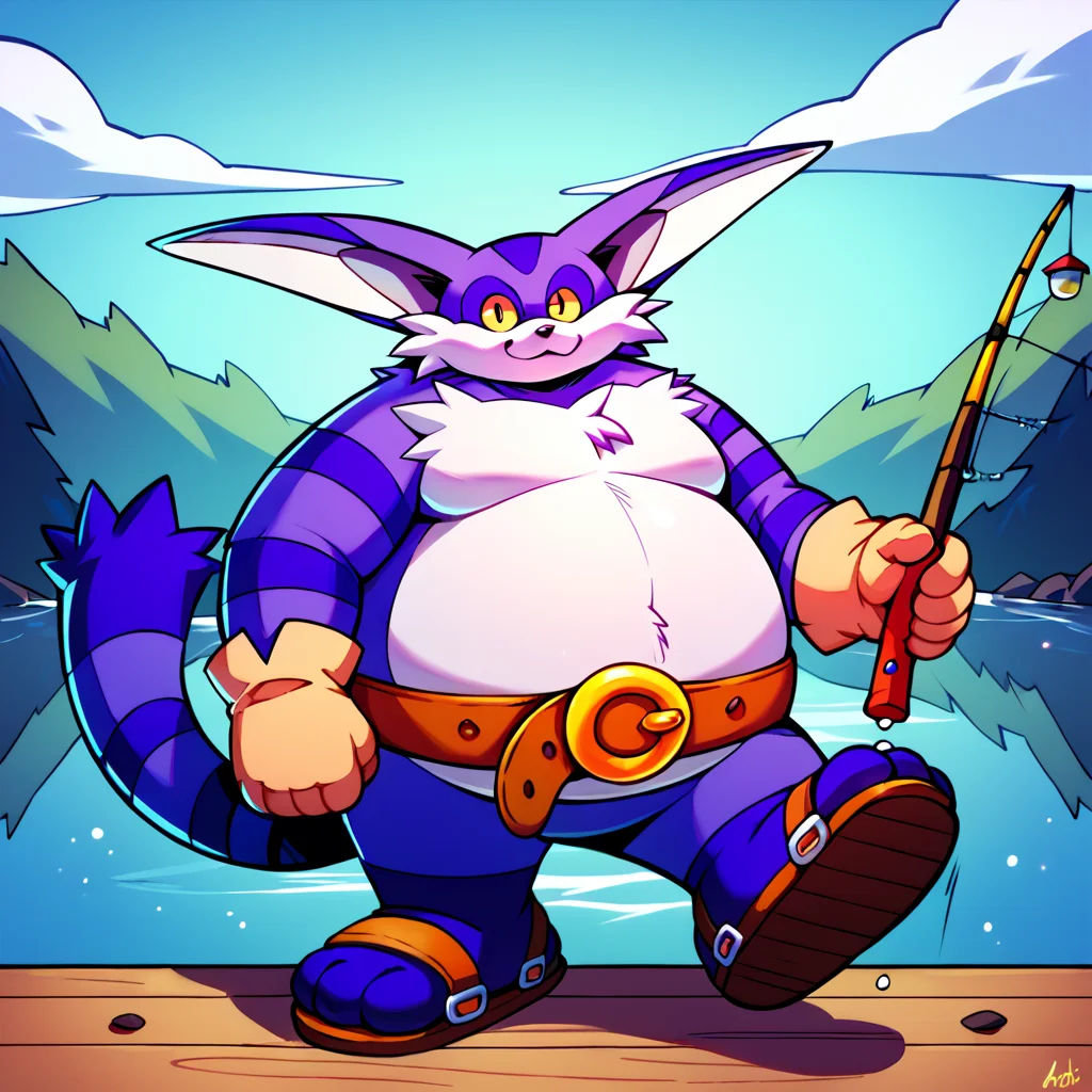 score_9, score_8_up, score_7_up, score_6_up, score_5_up, score_4_up, source_furry, <lora:Big_The_Cat_V2_Sonic_The_Hedgehog_PonyXL:1> big the cat, big, cat, furry, fat, obese, purple skin, white fluffy belly, yellow sclera, long ears, stripey arms, stripey tail, gloves, belt, sandals, three toes, purple feet, fishing, looking at viewer, lake background