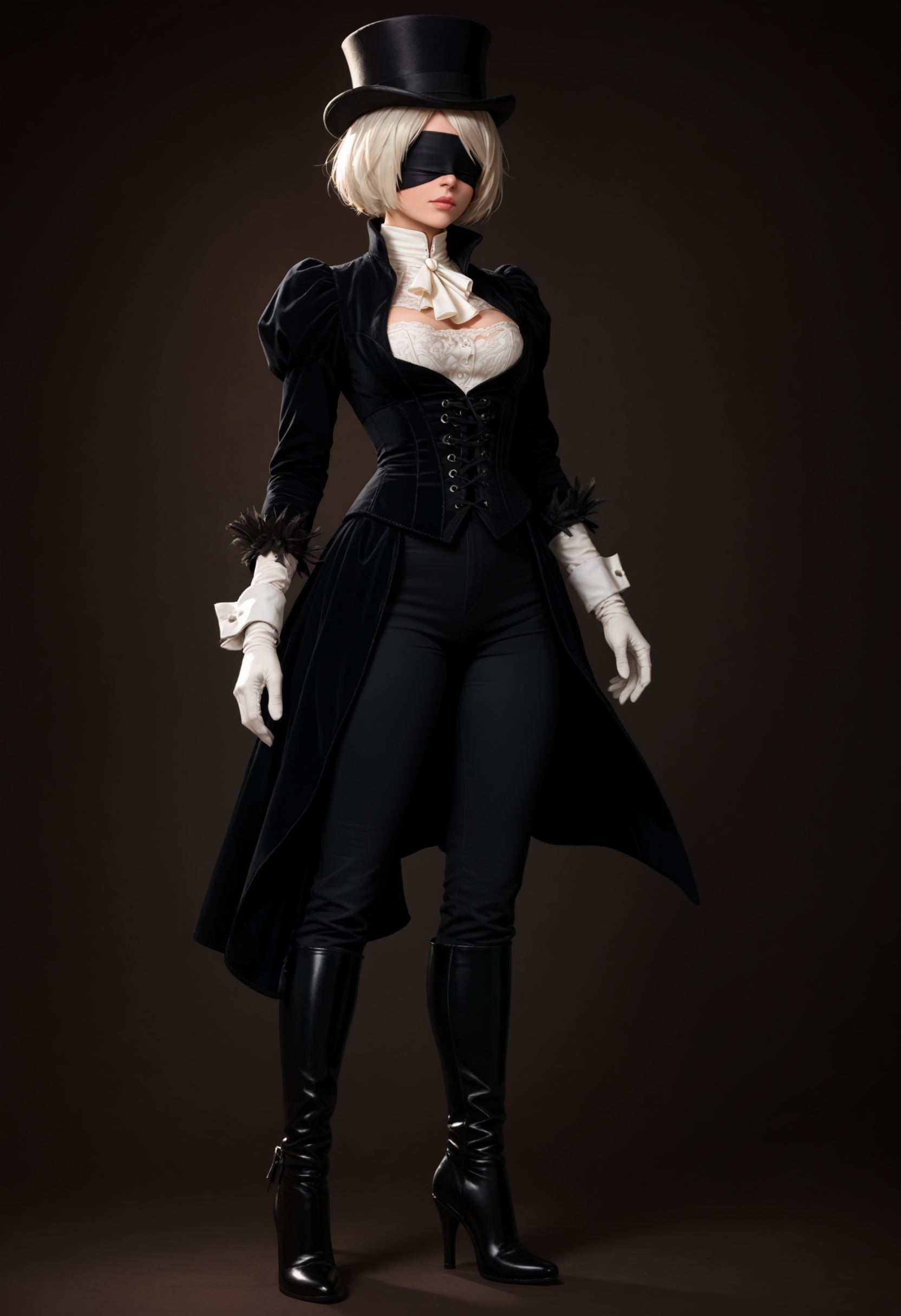 score_9, score_8_up, score_7_up, score_6_up, r1d3r, 2b \(nier:automata\), blindfold, beautiful woman, solo, top hat, jacket, white gloves, high collar, hips, pants, high heel boots, corset, cuffs,  <lora:Outfit_soph-VictorianRidingBasic-PDXL:0.7>