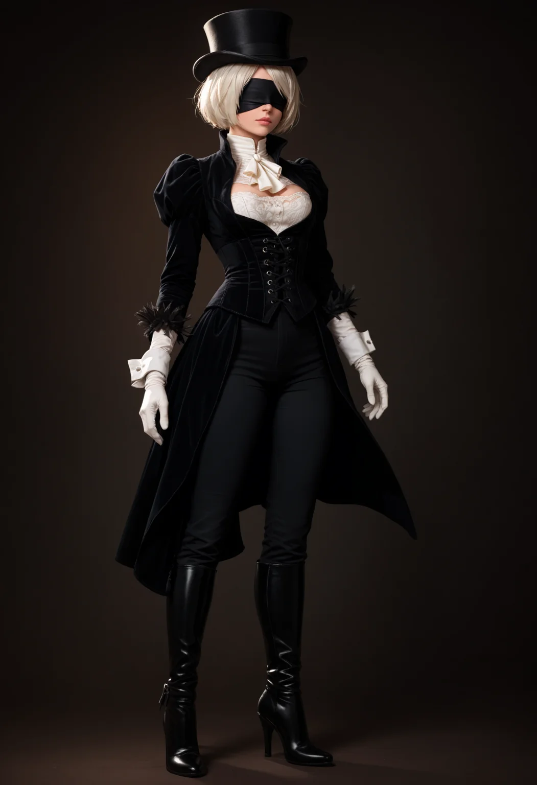 score_9, score_8_up, score_7_up, score_6_up, r1d3r, 2b \(nier:automata\), blindfold, beautiful woman, solo, top hat, jacket, white gloves, high collar, hips, pants, high heel boots, corset, cuffs, <lora:Outfit_soph-VictorianRidingBasic-PDXL:0.7>
