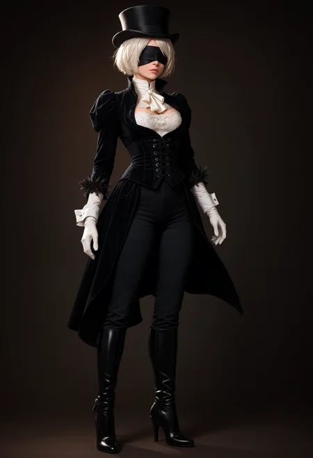 score_9, score_8_up, score_7_up, score_6_up, r1d3r, 2b \(nier:automata\), blindfold, beautiful woman, solo, top hat, jacket, white gloves, high collar, hips, pants, high heel boots, corset, cuffs, <lora:Outfit_soph-VictorianRidingBasic-PDXL:0.7>