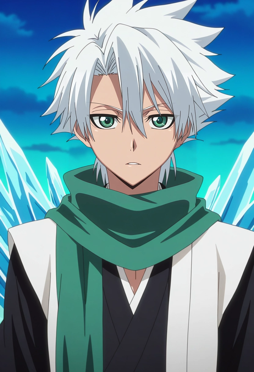 masterpiece, best quality, , anime screencap, , , , , 1boy, solo, male focus, <lora:toushirou_hitsugaya_ilxl:0.92>, toushirou_hitsugaya, white hair, green eyes, hair between eyes, scarf, , , . , ice, bankai, ,
