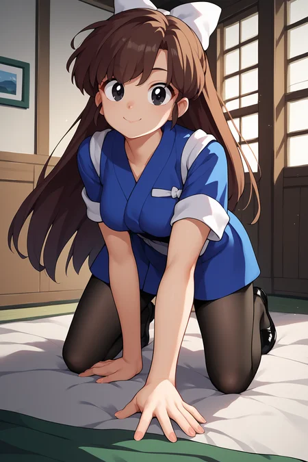 score_9, score_8_up, score_7_up, score_6_up, score_5_up, score_4_up, UkyoKuonjiRXL, 18years, big eyes, black eyes, brown hair, long hair, bangs, hair white bow, medium breasts, short sleeves, blue kimono, white tasuki, black pantyhose, black shoes, solo, all fours, seductive smile, looking at viewer, indoors <lora:UkyoKuonjiRXL:1>