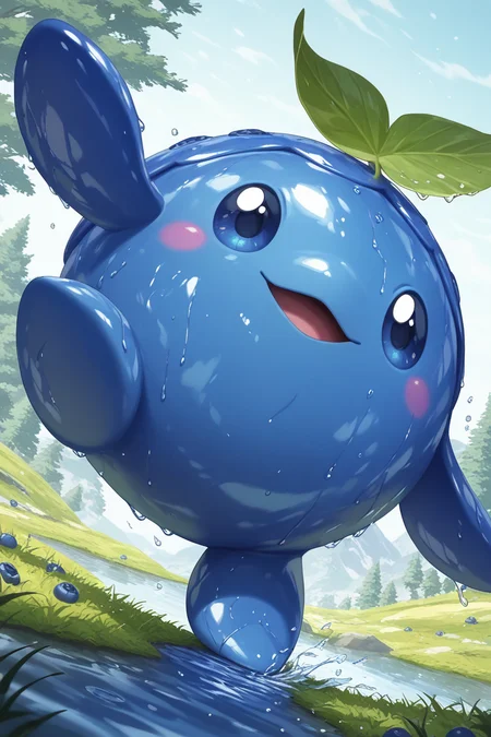 realistic shading, natural lighting, blueberry-creature focus, looking away, happy expressive face, daberry, green_daberry_leaf on head, blue_daberry_hair, blue_daberry_eyes, 1blueberry creature, pokemon (creature), open mouth, wide smile, shiny skin, wet, full body, one leg stand, outstretched arms, dancing, outdoors snow, flowers, grass, spring, water, tree, fantasy, dynamic angle, intricately detailed illustration, depth of field, masterpiece, best quality, amazing quality, very aesthetic, absurdres, newest, anime screencap