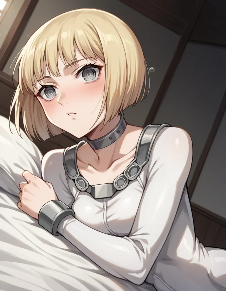 score_9, score_8_up, score_7_up, source_anime,
claymoreclaire, <lora:claymore-claire-s1-ponyxl-lora-nochekaiser:1>,
claire, short hair, blonde hair, grey eyes, bob cut, pale skin, white skin, ringed eyes,
choker, bodysuit, white bodysuit, collarbone, long sleeves,
indoors, bed, bed room, on side, blush, drunk,
solo, looking at viewer, cowboy shot, dutch angle,