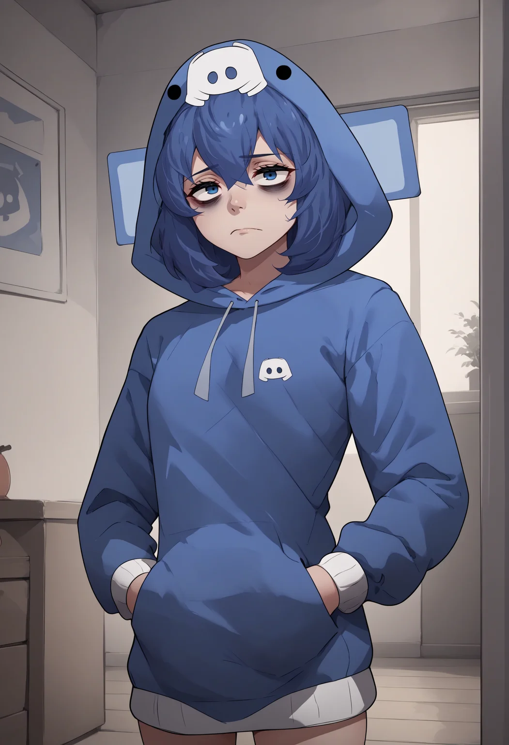 score_9, score_8_up, score_7_up, source_anime, 1girl, dcchan, blue hoodie, animal hood, <lora:DCchanXLPD:1>, hands in pockets, indoors, depressed, tired, bags under eyes,