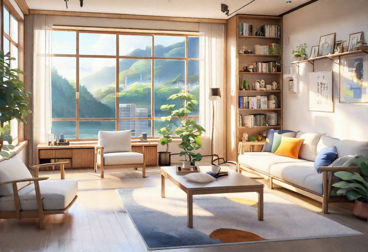 anime-style, modern-style interior, with white walls and large windows, Nordic-style furniture, a  study, Sofa, coffee table, bookcase, single wall, 
warm light morning sun, the view of the city